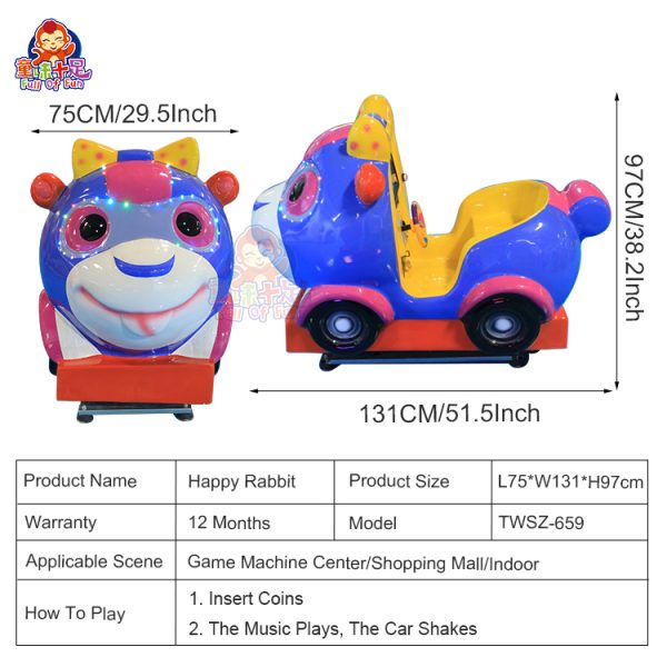 Kiddie ride featuring a cheerful bunny theme with bright colors, lights, and sound effects, designed for young children.