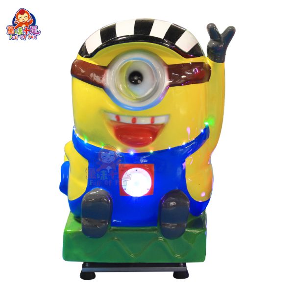 Minion-themed kiddie ride with bright colors, lights, and sounds, designed for young children’s entertainment.