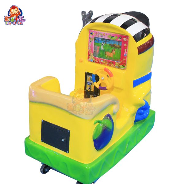 Minion-themed kiddie ride with bright colors, lights, and sounds, designed for young children’s entertainment.