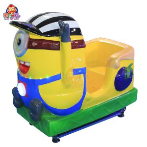 Minion-themed kiddie ride with bright colors, lights, and sounds, designed for young children’s entertainment.