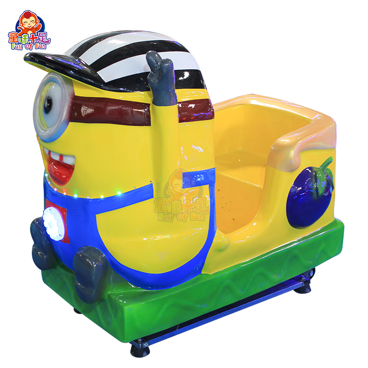 Minion-themed kiddie ride with bright colors, lights, and sounds, designed for young children’s entertainment.