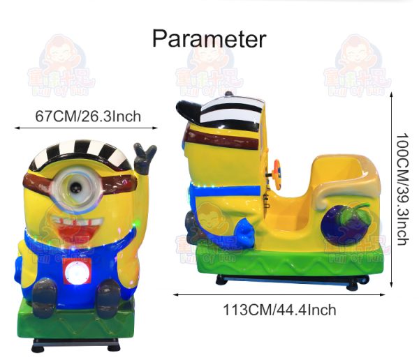 Minion-themed kiddie ride with bright colors, lights, and sounds, designed for young children’s entertainment.